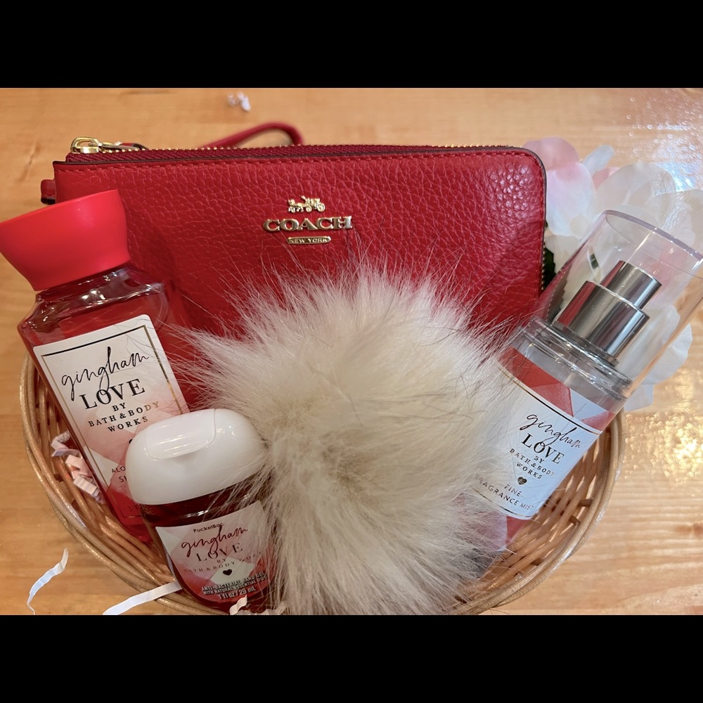 COACH wristlet and bath body set BASKET BUNDLE w/purse pompom! Authentic.